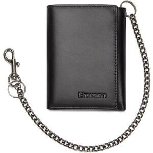 Genuine Leather Trifold Wallet RFID Blocking Anti-Theft Chain
